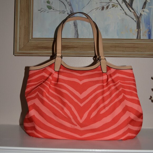 Coach NEW orange Devin Stripe Signature Exotic colorful leather strap tote bag - Picture 9 of 15